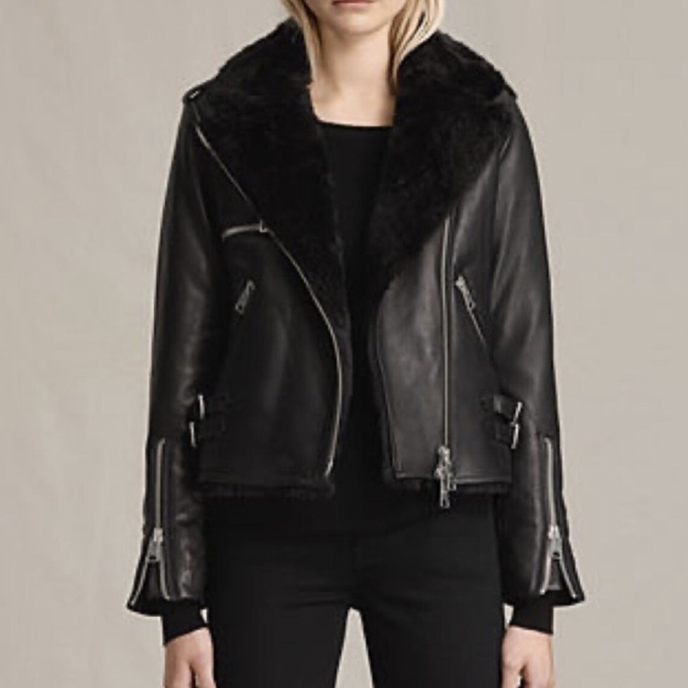 All Saints Faux Fur Lined Genuine Leather Jacket Women’s Size 0